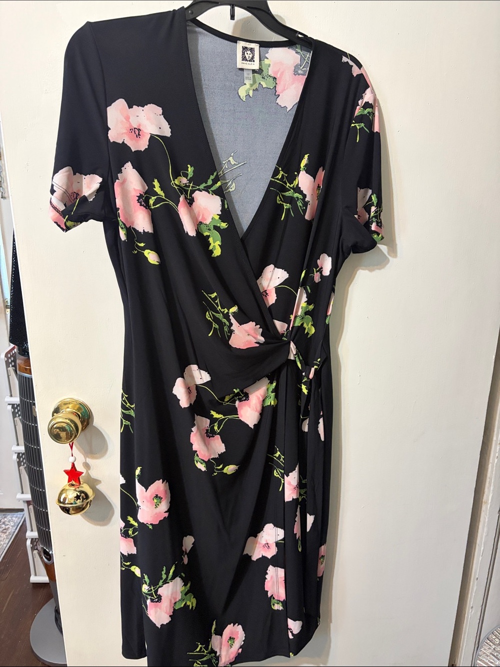 Anne Klein Black Midi Wrap Dress with Pink Floral Print